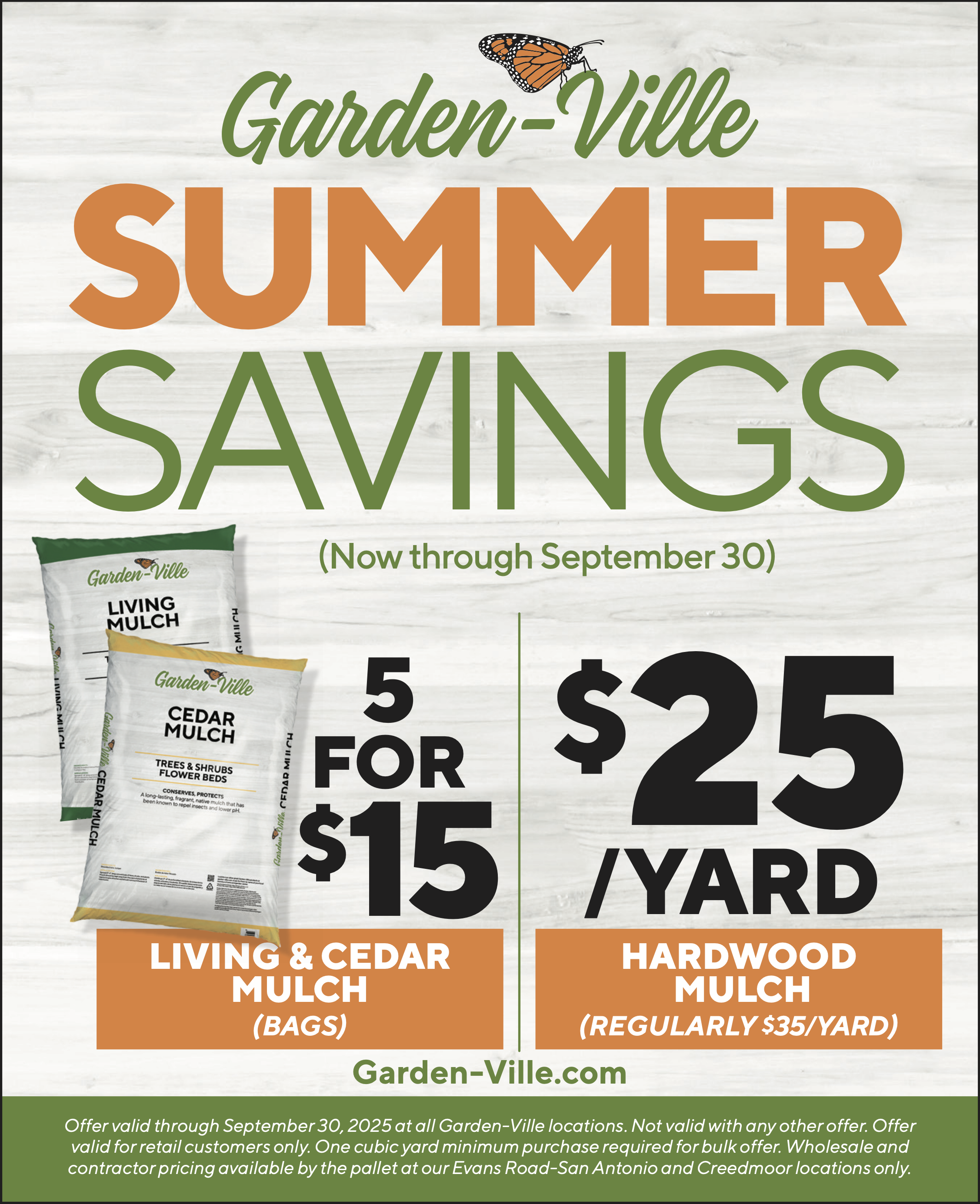 Summer Savings 5 For $15 Living and Cedar Mulch