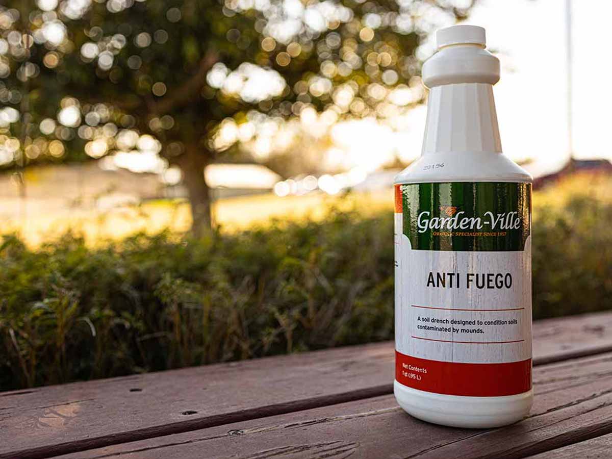 Bottle of Garden-Ville Anti-Fuego on a wooden deck