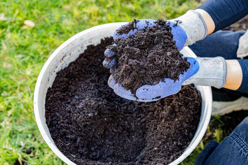 Manos con guantes sosteniendo composta oscura de Garden-Ville