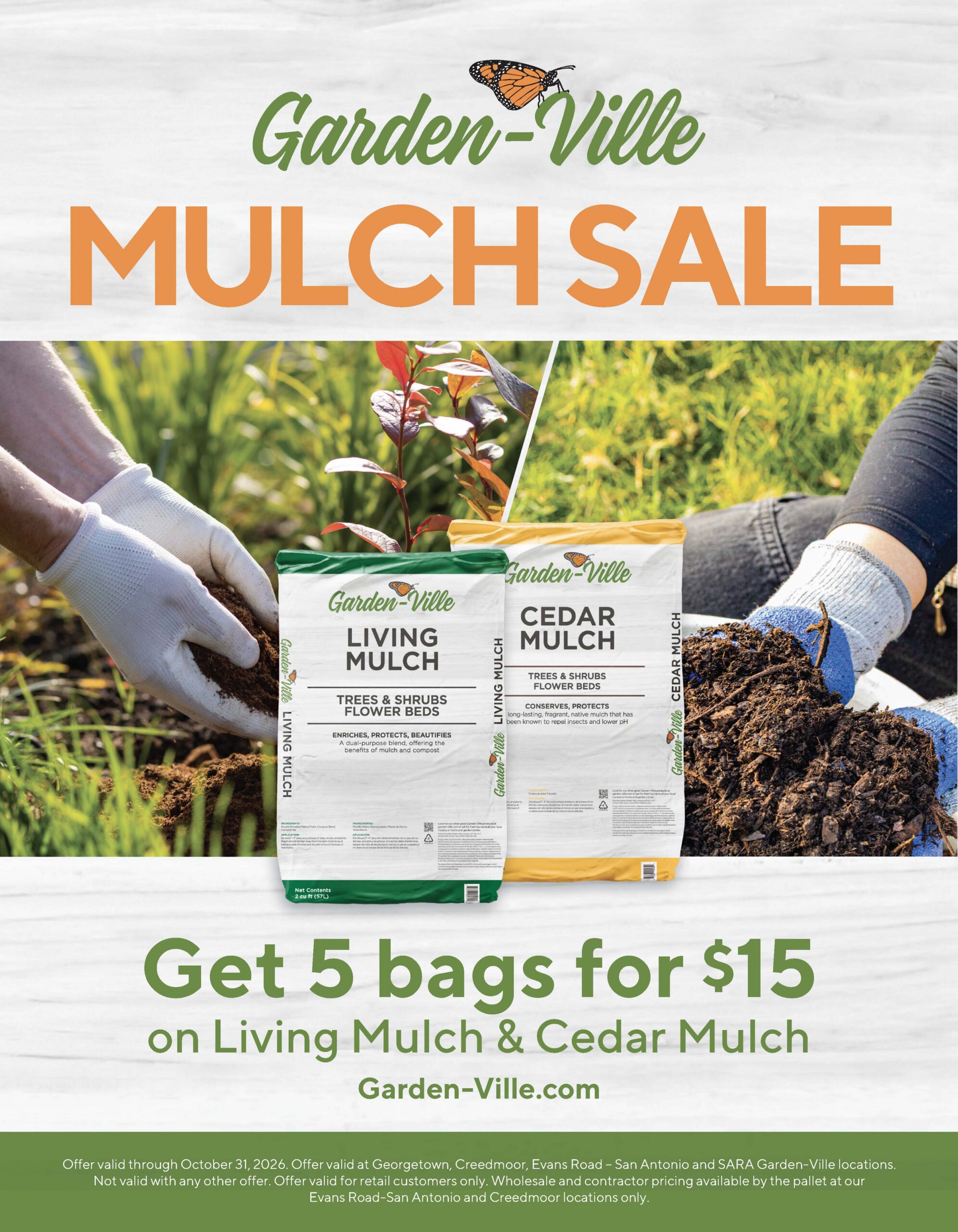 Mulch sale: get 5 bags for $15 on Garden-Ville Living Mulch and Cedar Mulch